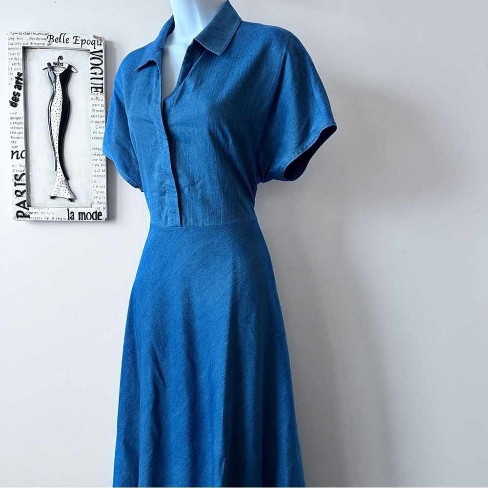 NWT AKRIS PUNTO Minimalist Washed Denim Midi Dress Cutout Kimono Sleeves Size 8 - Picture 5 of 14
